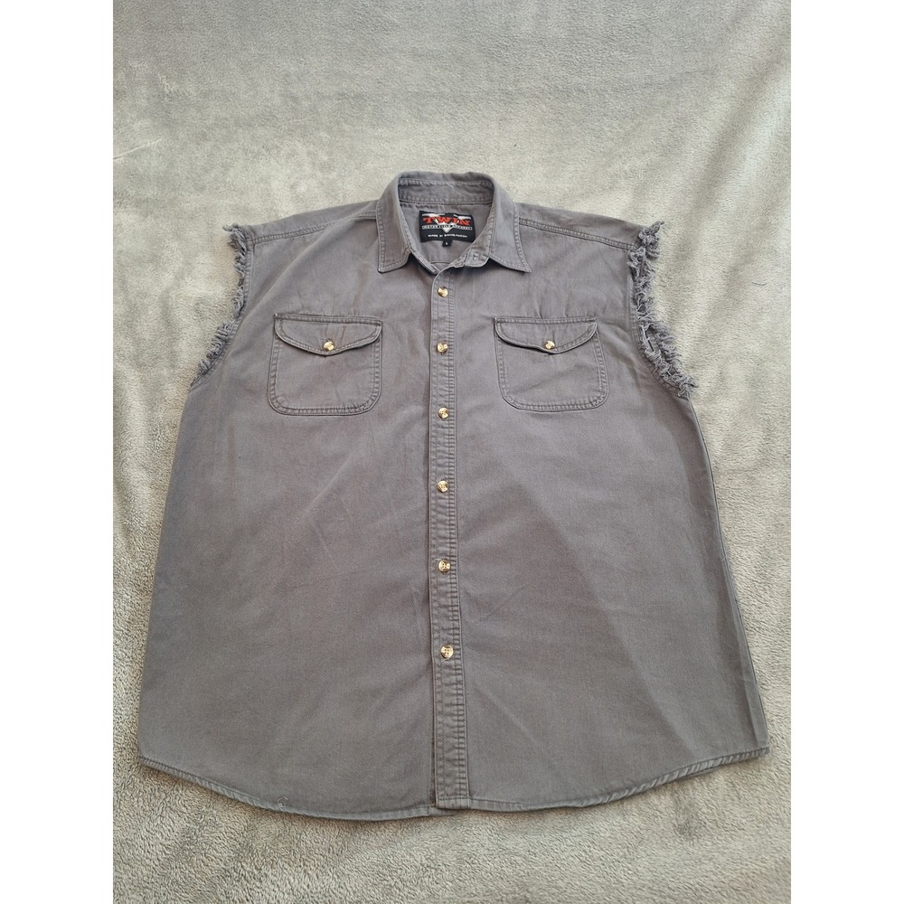 V-Twin Motorcycle Apparel Mens Gray Sleeveless Fishing Graphic Denim Shirt L